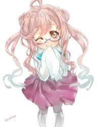 Rule 34 | 10s, 1girl, ;), ahoge, blush, brown eyes, curly hair, double bun, glasses, hair bun, kantai collection, long hair, long sleeves, looking at viewer, makigumo (kancolle), neck ribbon, noguruma, one eye closed, oversized clothes, pantyhose, pink hair, pleated skirt, ribbon, school uniform, sidelocks, simple background, skirt, sleeves past wrists, smile, solo, twintails, twitter username, white pantyhose