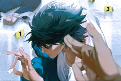 Rule 34 | 3boys, bags under eyes, black eyes, black hair, blue pants, blurry, blurry foreground, chalk outline, closed mouth, collarbone, death note, finger gun, finger gun to head, from above, hair between eyes, highres, holding, holding paper, idylliclum, l (death note), looking at viewer, male focus, messy hair, multiple boys, pants, paper, shirt, short hair, squatting, tile floor, tiles, white shirt