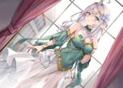 Rule 34 | 1girl, absurdres, ahoge, alisa mikhailovna kujou, bare shoulders, blue eyes, blush, breasts, covered collarbone, covered navel, curtains, detached sleeves, fake elf ears, flower, hair flower, hair ornament, hand up, highres, indoors, jewelry, large breasts, long hair, looking at viewer, momoko (momopoco), novel illustration, official art, open mouth, pointy ears, see-through silhouette, short sleeves, skirt, solo, standing, tokidoki bosotto roshia-go de dereru tonari no arya-san, white hair, white skirt, window