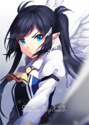 Rule 34 | &gt;:/, 1girl, :/, black hair, blue eyes, chiiririn, feathered wings, hair ornament, hairclip, long hair, long sleeves, looking at viewer, original, pointy ears, puffy long sleeves, puffy sleeves, solo, thighhighs, twintails, uniform, v-shaped eyebrows, white wings, wing hair ornament, wings