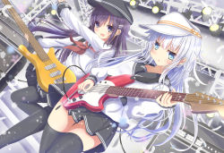 Rule 34 | 2girls, :d, akatsuki (kancolle), aruka (alka p1), bass guitar, belt, black hat, black legwear, black sailor collar, black skirt, blue eyes, blue hair, blush, brown neckerchief, commentary request, concert, electric guitar, fender mustang, flat cap, guitar, hair between eyes, hair ornament, hairclip, hammer and sickle, hat, hibiki (kancolle), holding, holding instrument, instrument, kantai collection, long hair, long sleeves, looking at viewer, messy hair, multiple girls, neckerchief, open mouth, outstretched arm, pantyhose, parted lips, partial commentary, pleated skirt, plectrum, purple eyes, purple hair, red neckerchief, sailor collar, school uniform, serafuku, shirt, silver hair, skirt, smile, speaker, stage, stage lights, standing, standing on one leg, star (symbol), thighhighs, verniy (kancolle), very long hair, white hat, white shirt