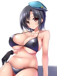 Rule 34 | 10s, 1girl, :o, alternate costume, arm support, bad id, bad twitter id, bare shoulders, belly, beret, bikini, black bikini, black gloves, black hair, blush, breasts, cleavage, collarbone, cowboy shot, covered erect nipples, gloves, hat, highres, kantai collection, large breasts, looking at viewer, midoriiro no shinzou, navel, red eyes, short hair, sideboob, solo, swimsuit, takao (kancolle), twitter username, underboob