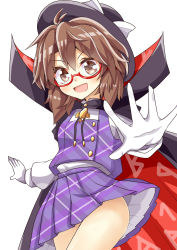 Rule 34 | 1girl, bow, brooch, brown eyes, brown hair, cape, cowboy shot, glasses, gloves, hat, hat bow, hip focus, jewelry, keyaki chimaki, long sleeves, looking at viewer, low twintails, miniskirt, open mouth, plaid, plaid skirt, plaid vest, pleated skirt, red-framed eyewear, semi-rimless eyewear, shirt, simple background, skirt, smile, solo, thighs, touhou, twintails, under-rim eyewear, usami sumireko, vest, white background, white gloves