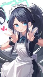Rule 34 | 1girl, absurdres, apron, aqua eyes, aqua ribbon, aris (blue archive), aris (maid) (blue archive), artist name, black dress, black hair, blue archive, blush, breasts, double w, dress, frilled apron, frills, halo, heart, highres, long hair, looking at viewer, maid headdress, neck ribbon, official alternate costume, ponytail, puffy short sleeves, puffy sleeves, ribbon, rirua (kjom802), short sleeves, simple background, small breasts, smile, solo, swept bangs, very long hair, w, white apron, white background, wristband