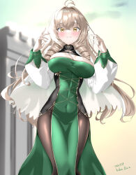 Rule 34 | 1girl, absurdres, andrea doria (azur lane), antenna hair, azur lane, black pantyhose, blush, breasts, character name, cleavage, commentary request, dated, dress, drill hair, green dress, heart, highres, kijipe, large breasts, light brown hair, long hair, looking at viewer, outdoors, pantyhose, pelvic curtain, smile, solo, standing, taut clothes, taut dress, twin drills, very long hair, yellow eyes
