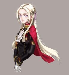 Rule 34 | 1girl, athenawyrm, blonde hair, blue eyes, cape, ascot, edelgard von hresvelg, fire emblem, fire emblem: three houses, gloves, grey background, hair ornament, long hair, looking at viewer, mole, mole under mouth, nintendo, simple background, smile, solo, uniform