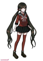 Rule 34 | 1girl, absurdres, artist name, black sailor collar, black skirt, blunt bangs, bow, bowtie, brown footwear, brown hair, clenched hands, closed mouth, collarbone, commentary request, danganronpa (series), danganronpa v3: killing harmony, grey bow, grey bowtie, hair ornament, hairclip, harukawa maki, highres, kyua moto, long hair, long sleeves, looking at viewer, low twintails, miniskirt, mole, mole under eye, plaid, plaid skirt, pleated skirt, polka dot, polka dot bow, red eyes, red scrunchie, red shirt, red thighhighs, sailor collar, school uniform, scrunchie, shirt, shoes, simple background, skirt, thighhighs, twintails, white background