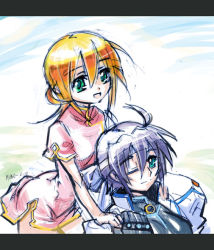 Rule 34 | 00s, 2girls, :d, ;), ahoge, androgynous, black gloves, blue sky, china dress, chinese clothes, closed mouth, cowboy shot, day, dress, gloves, green eyes, hair between eyes, hands on another&#039;s shoulders, ixveria, letterboxed, looking at viewer, lyrical nanoha, m ganzy, mahou shoujo lyrical nanoha, mahou shoujo lyrical nanoha strikers, mahou shoujo lyrical nanoha strikers sound stage x, multiple girls, one eye closed, open mouth, pink dress, purple hair, short dress, short hair, short sleeves, side slit, signature, sky, smile, standing, subaru nakajima