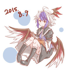 Rule 34 | 1girl, ahoge, bird wings, blue hair, book, boots, full body, head wings, horns, knee boots, multicolored hair, open book, reading, red eyes, solo, the maa, tokiko (touhou), touhou, two-tone hair, white hair, wings