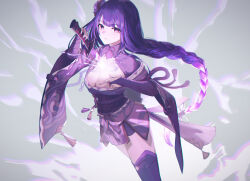 Rule 34 | 1girl, absurdres, black bridal gauntlets, black shorts, breasts, bridal gauntlets, cleavage, commentary, cowboy shot, drawing sword, electricity, flower, genshin impact, glowing, glowing hair, grey background, hair flower, hair ornament, hand in clothes, hand on own chest, highres, holding, holding sword, holding weapon, human scabbard, japanese clothes, katana, kimono, large breasts, long hair, looking at viewer, low-braided long hair, low-tied long hair, musou isshin (genshin impact), purple eyes, purple flower, purple hair, purple kimono, purple sash, raiden shogun, red ribbon, ribbon, sash, shorts, solo, sword, thighs, very long hair, wakum, weapon, wide sleeves