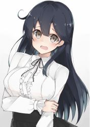 Rule 34 | 10s, 1girl, alternate costume, arm grab, bad id, bad pixiv id, black hair, black skirt, blouse, blush, breasts, brown eyes, cole (coleltu), female focus, frills, hair between eyes, kantai collection, large breasts, long hair, long sleeves, looking at viewer, meme attire, open mouth, shirt, simple background, skirt, solo, ushio (kancolle), virgin killer outfit, white shirt
