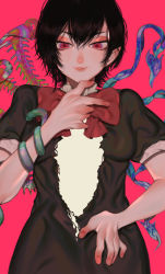 Rule 34 | 1girl, asymmetrical wings, black dress, black hair, bow, bowtie, breasts, dress, from below, hand up, highres, houjuu nue, lips, looking at viewer, medium breasts, parted lips, pink background, red bow, red bowtie, red eyes, short hair, simple background, smile, solo, torn clothes, touhou, upper body, wings, yamazaki tsukune