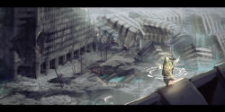 Rule 34 | 1boy, absurdres, bad id, bad pixiv id, broken, building, city, cloak, commentary request, debris, destruction, from above, from behind, green cloak, highres, holding, lamppost, letterboxed, magic, male focus, original, outdoors, rolua, rubble, ruins, staff, water
