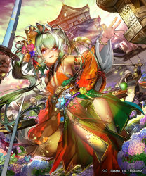 Rule 34 | 1girl, 3boys, architecture, bare shoulders, blush, bracelet, contrapposto, detached sleeves, dutch angle, east asian architecture, flower, green hair, hair between eyes, hair flower, hair ornament, holding, japanese clothes, jewelry, kimono, liduke, long hair, looking at viewer, multiple boys, obi, official art, outdoors, parted lips, pelvic curtain, pink eyes, red kimono, sash, sengoku saga, solo focus, standing, thighhighs, twintails, watermark, yellow thighhighs