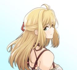 Rule 34 | 1girl, bare shoulders, blonde hair, fiora (xenoblade), gradient background, green eyes, hair ornament, hairclip, highres, long hair, looking back, mochimochi (xseynao), nintendo, smile, solo, white background, xenoblade chronicles (series), xenoblade chronicles 1