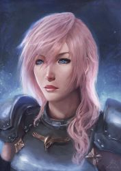 Rule 34 | 10s, 1girl, armor, artist name, blue background, blue eyes, breastplate, closed mouth, emblem, expressionless, final fantasy, final fantasy xiii, final fantasy xiii-2, glowing, gradient background, hair between eyes, hair over shoulder, highres, lightning farron, lips, long hair, looking afar, looking at viewer, md5 mismatch, pink hair, raikoart, realistic, resized, resolution mismatch, shoulder pads, simple background, solo, source smaller, upper body, upscaled