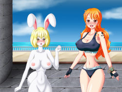 Rule 34 | 1boy, 2girls, breasts, rabbit, carrot (one piece), cleavage, large breasts, long hair, multiple girls, nami (one piece), nude, one piece, orange hair, smile, tail, tattoo