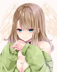 Rule 34 | 1girl, bare shoulders, black choker, blue eyes, blush, breast tattoo, breasts, brown hair, choker, cleavage, closed mouth, commentary request, eunie (xenoblade), feathered wings, fingernails, green jacket, grey background, head wings, highres, jacket, large breasts, long fingernails, long hair, long sleeves, nail polish, nanase nao, off shoulder, own hands together, parted bangs, pink nails, puffy long sleeves, puffy sleeves, simple background, sleeves past wrists, smile, solo, tattoo, white wings, wings, xenoblade chronicles (series), xenoblade chronicles 3