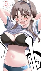 Rule 34 | !?, 1boy, 1girl, absurdres, animal ears, arms behind head, black-framed eyewear, black bra, blue archive, blue buruma, blush, bra, breasts, brown eyes, brown hair, buruma, clothes lift, doodle sensei (blue archive), fake animal ears, fang, glasses, gym shirt, gym uniform, highres, large breasts, lifting another&#039;s clothes, long hair, low twintails, mizumok1, moe (blue archive), navel, open mouth, rabbit ears, round eyewear, sensei (blue archive), shirt, shirt lift, short sleeves, simple background, skin fang, twintails, underwear, white background, white shirt