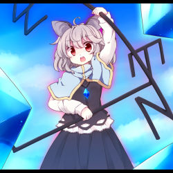 Rule 34 | 1girl, animal ears, arm up, bad id, bad pixiv id, capelet, dowsing rod, fuuen (akagaminanoka), gem, grey hair, jewelry, long sleeves, mouse ears, mouse tail, nazrin, necklace, open mouth, pendant, red eyes, shirt, skirt, skirt set, solo, tail, touhou, vest