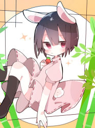 Rule 34 | 1girl, animal ears, bamboo, black footwear, black hair, blush, boots, carrot necklace, closed mouth, commentary, dress, expressionless, foot out of frame, inaba tewi, jewelry, looking at viewer, nacht musik, necklace, pink dress, puffy short sleeves, puffy sleeves, rabbit ears, rabbit tail, red eyes, ribbon-trimmed dress, short hair, short sleeves, solo, sparkle, tail, touhou