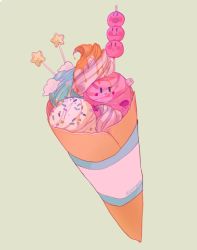 Rule 34 | blush, crepe, dessert, food, food focus, green background, heart, highres, ice cream, ice cream cone, kirby, kirby (series), looking at viewer, nintendo, no humans, open mouth, original, routexx, simple background, smile, sprinkles, star (symbol)