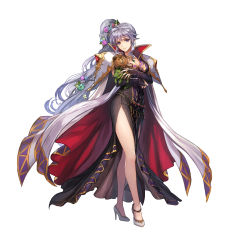 Rule 34 | 1girl, absurdres, anklet, armor, book, braid, breasts, cape, cleavage, commentary request, dress, fire emblem, fire emblem: genealogy of the holy war, fire emblem heroes, full body, hair ornament, head tilt, high heels, highres, ishtar (fire emblem), jewelry, large breasts, long dress, long hair, nijihayashi, nintendo, official art, ponytail, purple eyes, purple hair, shoes, shoulder armor, simple background, solo, standing, white background