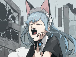 1girl, alternate costume, animal ears, blue hair, cat ears, enmaided, eyes closed, gogalking, hand up, kemonomimi mode, long hair, maid, ofelia (gogalking), open mouth, original, ruins, short sleeves, solo, symbol commentary, tears, upper body, wristband, yawning