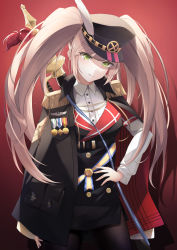 Rule 34 | 1girl, :q, absurdres, black background, black pantyhose, blonde hair, blush, breasts, closed mouth, eyes visible through hair, gradient background, granblue fantasy, green eyes, hand on own hip, hat, hat feather, highres, huge filesize, infinity (kkx132), long hair, long sleeves, looking at viewer, medium breasts, military, military uniform, monika weisswind, pantyhose, red background, smile, solo, tongue, tongue out, twintails, uniform