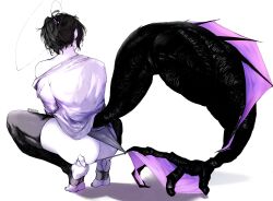 Rule 34 | 1girl, ass, bikini pull, black hair, clothes pull, from behind, hemuling, highres, korean commentary, large tail, limited palette, monster girl, off shoulder, original, pointy ears, ponytail, shirt, short ponytail, simple background, solo, squatting, tail, thighhighs, toeless legwear, twitter username