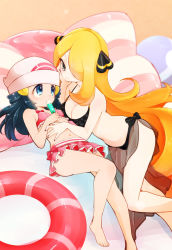 Rule 34 | 00s, 2girls, age difference, arm support, ball, bare arms, bare legs, barefoot, beachball, beanie, bikini, bikini skirt, black bikini, black hair, blonde hair, blue eyes, blurry, blush, breasts, child, chorimokki, cleavage, closed mouth, creatures (company), cynthia (pokemon), dawn (pokemon), depth of field, food, food in mouth, game freak, hair ornament, hair over one eye, hand on another&#039;s stomach, hand on own cheek, hand on own face, hat, head rest, holding, holding food, innertube, long hair, looking at another, lying, medium breasts, mouth hold, multiple girls, nail polish, navel, nintendo, on back, on bed, on side, one eye covered, onee-loli, pillow, pink bikini, pokemon, pokemon dppt, popsicle, sarong, see-through, side-tie bikini bottom, size difference, small breasts, smile, stomach, striped, swim ring, swimsuit, yuri