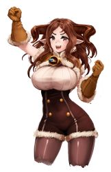 Rule 34 | 1girl, :d, absurdres, arm up, barbariank, bell, breasts, brown eyes, brown gloves, brown hair, brown pantyhose, capelet, commentary, cowboy shot, cropped legs, daetta (granblue fantasy), draph, english commentary, fang, fur-trimmed capelet, fur-trimmed gloves, fur trim, gloves, granblue fantasy, highres, horns, large breasts, long hair, looking at viewer, open mouth, pantyhose, pointy ears, simple background, smile, solo, underbust, v-shaped eyebrows, white background