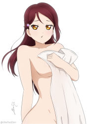 Rule 34 | 1girl, absurdres, alter real zero, areola slip, artist name, breasts, brown eyes, female focus, hair between eyes, hair ornament, highres, long hair, looking at viewer, love live!, love live! sunshine!!, medium breasts, naked towel, parted lips, red hair, sakurauchi riko, sideboob, signature, simple background, solo, standing, towel, white background