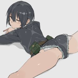 Rule 34 | androgynous, ass, bikini, black hair, closed mouth, dot mouth, ettone, from behind, gender request, highres, jitome, kino (kino no tabi), kino no tabi, looking back, lying, micro bikini, on stomach, partially visible vulva, short hair, simple background, split, swimsuit, white background