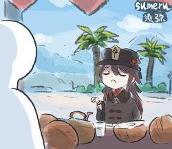 Rule 34 | 1girl, blue sky, blunt ends, brown eyes, brown shirt, chibi, chinese clothes, cloud, coconut, cup, frown, genshin impact, hair between eyes, hand up, hat, highres, hu tao (genshin impact), mountain, mountainous horizon, outdoors, palm tree, pointing, porkpie hat, shirt, sidelocks, sky, tree, xinzoruo