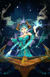Rule 34 | 1girl, :d, artist name, bare shoulders, blue dress, blue eyes, blue hair, breasts, breasts apart, cleavage, collarbone, cowboy shot, dress, etwahl, floating hair, glowing, highres, instrument, large breasts, league of legends, light rays, long hair, long sleeves, looking at viewer, nail polish, open mouth, smile, solo, sona (league of legends), standing, triangle, twintails, very long hair, wide sleeves, yo-nashi