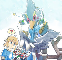 Rule 34 | 4boys, ?, beak, bird boy, blue background, blue eyes, blue fur, blue hair, blue scarf, blue shirt, blurry, blush, blush stickers, body fur, book, braid, closed eyes, closed mouth, depth of field, diary, english text, feather hair ornament, feathers, furry, furry male, green eyes, hair ornament, hair tie, hands up, happy, holding, holding book, kass, layered sleeves, leaning to the side, link, long sleeves, looking at viewer, male focus, multiple boys, nintendo, one eye closed, open mouth, own hands together, quad tails, reaching, reaching towards viewer, red feathers, revali, rito, scarf, shirt, short hair, short over long sleeves, short sleeves, shoulder pads, smile, sparkle, speech bubble, spoken question mark, standing, star (symbol), teba (zelda), the legend of zelda, the legend of zelda: breath of the wild, two-tone fur, u u, ukata, undershirt, upper body, white fur, white scarf, winged arms, wings, wink, yellow fur