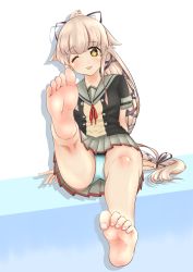 Rule 34 | 1girl, :p, absurdres, barefoot, feet, foot up, highres, kantai collection, light blush, long hair, looking at viewer, one eye closed, panties, pantyshot, ponytail, sitting, soles, toes, tongue, tongue out, underwear, wink, yellow eyes, yura (kancolle)