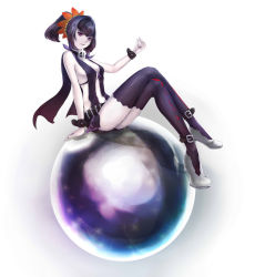 Rule 34 | 1girl, bare shoulders, belt, black neckwear, black thighhighs, bracelet, choker, flower, hair ornament, heels, jewelry, mole, mole under eye, nail polish, orb, pale skin, purple eyes, purple hair, red nails, revealing clothes, short hair, sitting, sitting on object, solo, symonne (tales), tales of (series), tales of zestiria, thighhighs, twintails