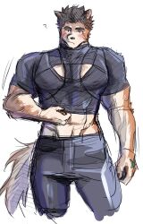 Rule 34 | 1boy, ?, animal ears, bara, blush, brown fur, cleavage cutout, clothing cutout, covered erect nipples, cropped legs, cropped shirt, dog boy, dog ears, dog tail, doku (hitori ox), furrification, furry, furry male, highres, large pectorals, looking at viewer, male focus, motion lines, muscular, muscular male, pants, pectorals, protagonist 3 (housamo), short hair, sketch, solo, tail, thick eyebrows, tokyo houkago summoners