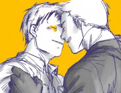 Rule 34 | 2boys, aikawa (dorohedoro), blush, closed eyes, colored tips, couple, dorohedoro, facial mark, from side, greyscale with colored background, happy, imminent kiss, jade drop, male focus, medium sideburns, multicolored hair, multiple boys, no eyebrows, risu (dorohedoro), sketch, spot color, thick eyebrows, yaoi
