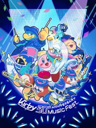 Rule 34 | animal ears, armor, baseball cap, blue headwear, blush stickers, cape, chef kawasaki, closed eyes, colored skin, confetti, disembodied hand, drum, drum set, drumsticks, elfilin, fangs, glasses, glowstick, grin, guitar, hat, heart, highres, holding, holding drumsticks, holding glowstick, instrument, jester cap, kashiwa (ksw04270mochi), keyboard (instrument), king dedede, kirby, kirby (series), kirby 30th anniversary music festival, looking at viewer, magolor, marx (kirby), mask, meta knight, mouse ears, music, necktie, nintendo, no humans, notched ear, one eye closed, pauldrons, pink skin, playing instrument, rayman limbs, saxophone, shirt, shoulder armor, smile, solid oval eyes, sparkle, stage lights, tambourine, trumpet, waddle dee, white shirt, yellow eyes