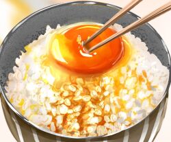 Rule 34 | bowl, chopsticks, egg yolk, food, food focus, mofumofu0311, no humans, original, raw egg, rice bowl, sauce, simple background, tamagokake gohan, white background