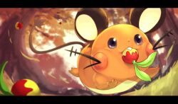 Rule 34 | berry, berry (pokemon), commentary request, creatures (company), day, dedenne, falling leaves, from below, game freak, gen 6 pokemon, grass, grey eyes, highres, leaf, leppa berry, mouth hold, nintendo, no humans, outdoors, pokemon, pokemon (creature), roncha (shumokumoku), solo, tree
