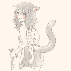Rule 34 | 1girl, ahoge, animal ears, apron, black hair, black skirt, blouse, blush, bow, cat ears, cat girl, cat tail, fish, flower bracelet, grey eyes, holding, inutose, long hair, looking at viewer, looking back, original, shirt, simple background, skirt, smile, solo, standing, tail, white shirt
