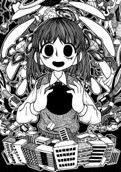 Rule 34 | 1girl, abstract, absurdres, bags under eyes, blunt ends, city, collage, collared shirt, commentary request, empty eyes, faceless, flower, greyscale, hands up, hatching (texture), highres, hole in chest, hole on body, long sleeves, looking at viewer, matoi hakua, monochrome, open mouth, original, outline, people, planet, pleated skirt, school uniform, shirt, short hair, skirt, smile, solid eyes, solo focus, sweater vest