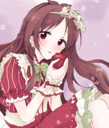 Rule 34 | 1girl, :o, antenna hair, apple, baran. (ba ra ran), bitten apple, blush, brown hair, dress, earrings, floral print, flower earrings, food, food bite, frilled dress, frills, fruit, hairband, highres, holding, holding food, idolmaster, idolmaster cinderella girls, jewelry, knees up, layered dress, looking at viewer, puffy short sleeves, puffy sleeves, red eyes, short sleeves, simple background, solo, tsujino akari, two-tone dress, wrist cuffs
