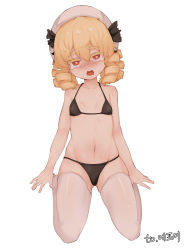 Rule 34 | 1girl, bad id, bad pixiv id, bare shoulders, beret, bikini, black bikini, blonde hair, blurry, blush, bright pupils, collarbone, commentary request, depth of field, drill hair, drooling, flat chest, full body, gluteal fold, groin, hair between eyes, half-closed eyes, hat, head tilt, heart, heart-shaped pupils, highres, looking at viewer, luna child, medium hair, mouth drool, navel, no wings, nose blush, open mouth, red eyes, round teeth, seiza, simple background, sitting, solo, soya6479, sweat, swimsuit, symbol-shaped pupils, tearing up, teeth, thick eyebrows, thighhighs, touhou, upper body, white background, white hat, white pupils, white thighhighs, ||/
