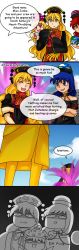 Rule 34 | 3girls, aimturein, blank eyes, blonde hair, blue hair, chinese clothes, clear sky, cloud, clownpiece, commentary, earth (planet), english commentary, english text, engrish text, from behind, gold, hat, hecatia lapislazuli, hecatia lapislazuli (earth), highres, hitodama, jester cap, junko (touhou), koishi komeiji&#039;s heart-throbbing adventure, long hair, mecha, multiple girls, orange hair, outdoors, planet, ranguage, red hair, robot, shirt, short hair, size difference, sky, surprised, t-shirt, touhou, very long hair