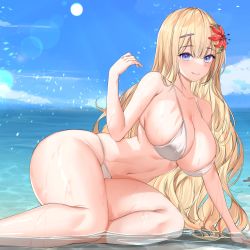 Rule 34 | 1girl, absurdres, bare shoulders, beach, bikini, blonde hair, blue eyes, blue sky, breasts, day, flower, hair flower, hair ornament, hairclip, highres, large breasts, lillly, long hair, lying, navel, on side, original, partially submerged, skindentation, sky, smile, solo, sunlight, swimsuit, thighs, very long hair, white bikini